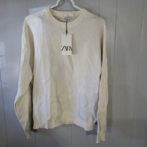 Zara Crewneck Sweater Mens Medium Cream Solid Long Sleeve Ribbed Knit